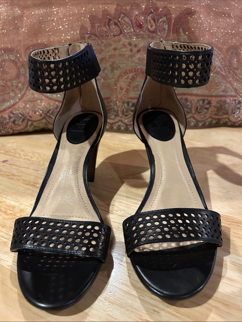 Frye Black Perforated Ankle-Strap Heels